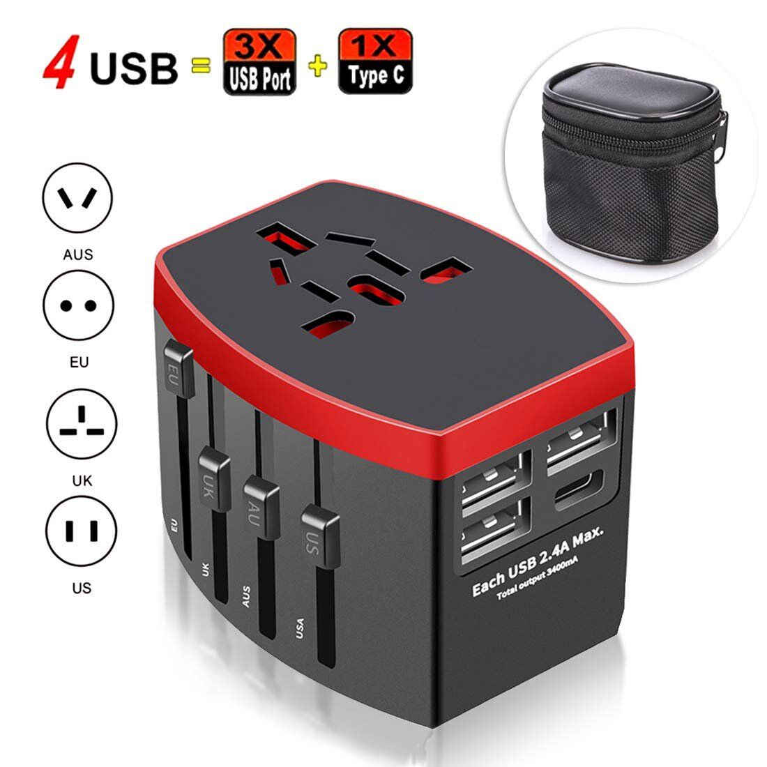 Travel adapter CH-168-3 Red&Black